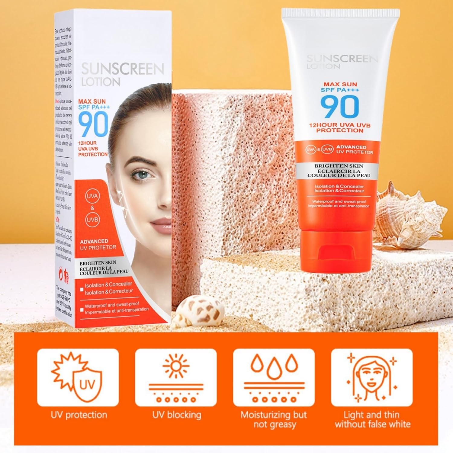 Sun Cream SPF 90,Face Sun Lotion Cream with Spf90,Suncream for High Sun Protection SPF 90 Face Moisturiser,Facial Sunscreen Lotion Cream,Waterproof Sun Cream against UVA & Uvb,Sunscreen for Daily Use