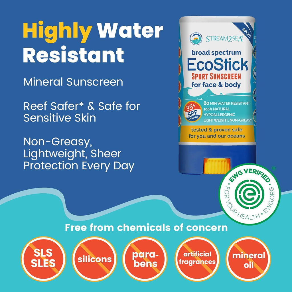Ecostick SPF 35 Mineral Sunscreen Stick | Sweat & Water Resistant Sunblock | USDA Approved Biodegradable & Reef Safe Sunscreen Protection(Ecostick Sport)