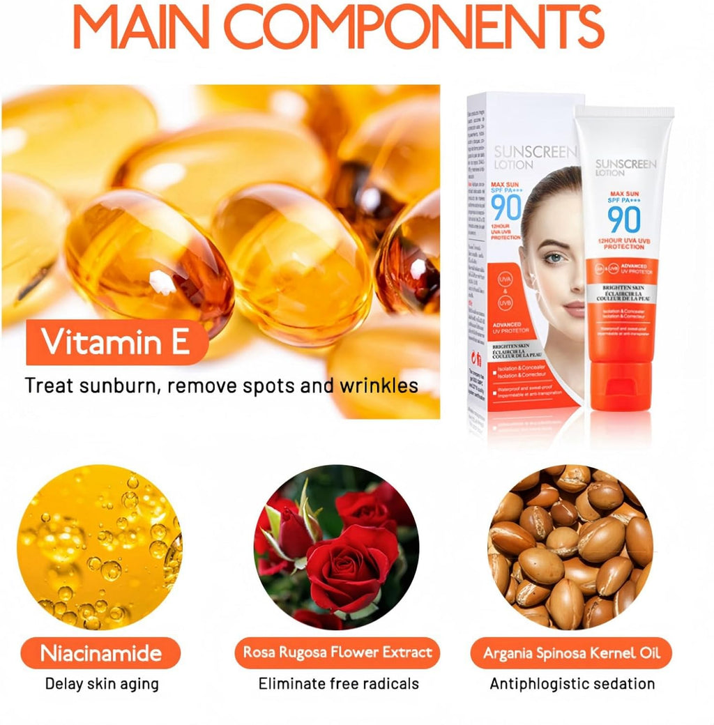 Sun Cream SPF 90,Face Sun Lotion Cream with Spf90,Suncream for High Sun Protection SPF 90 Face Moisturiser,Facial Sunscreen Lotion Cream,Waterproof Sun Cream against UVA & Uvb,Sunscreen for Daily Use
