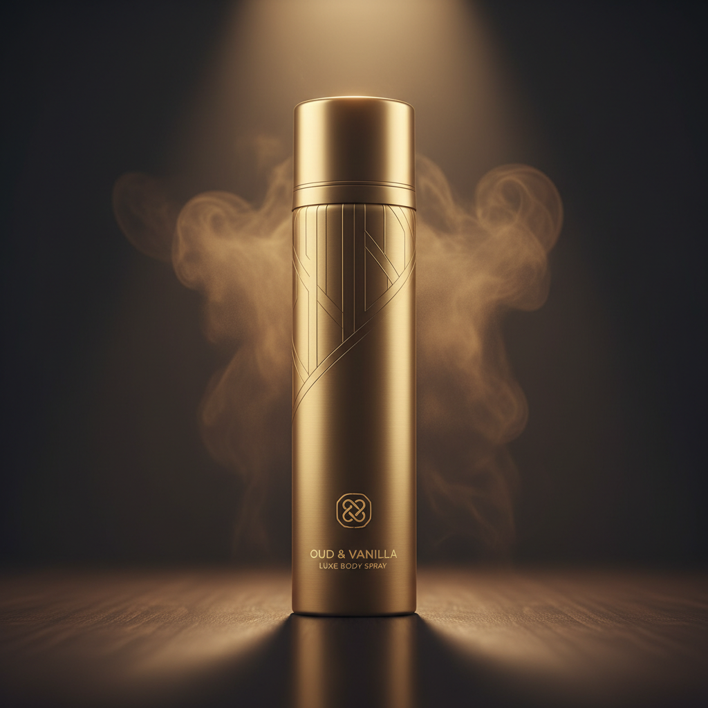 Premium gold aerosol deodorant body spray with Oud Wood and Fresh Vanilla scent