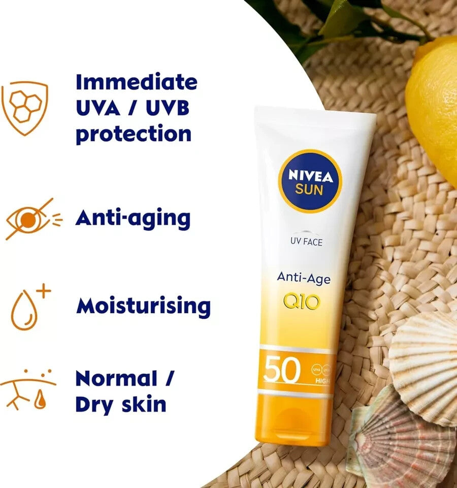 NIVEA Sun UV Face Anti-Age SPF 50 Cream (50Ml), Q10 Sun Cream Protects Against